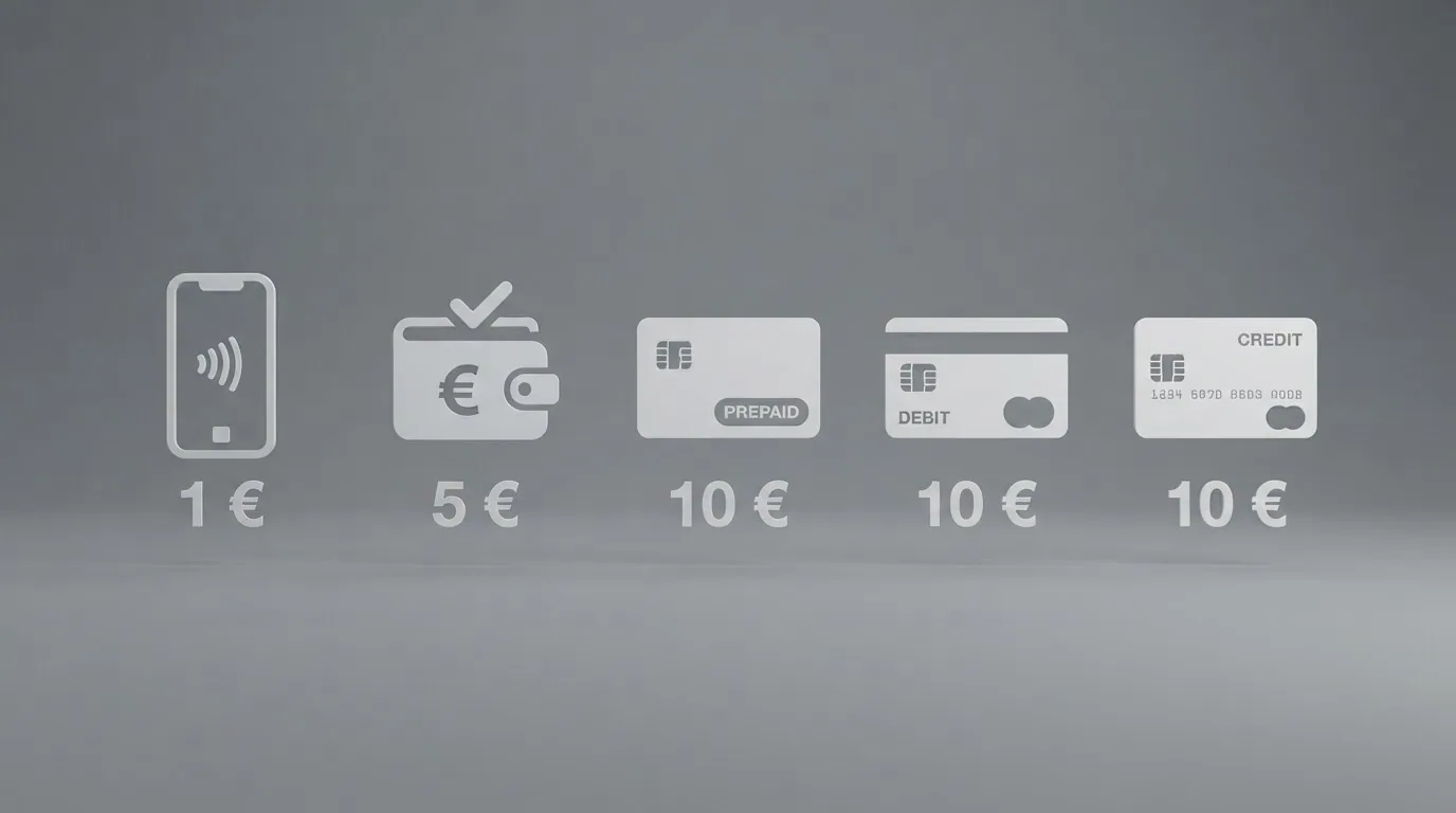 Los iconos de Bizum, PayPal, Paysafecard, Visa y Mastercard alineados, cada uno con el importe mínimo que permite depositar debajo