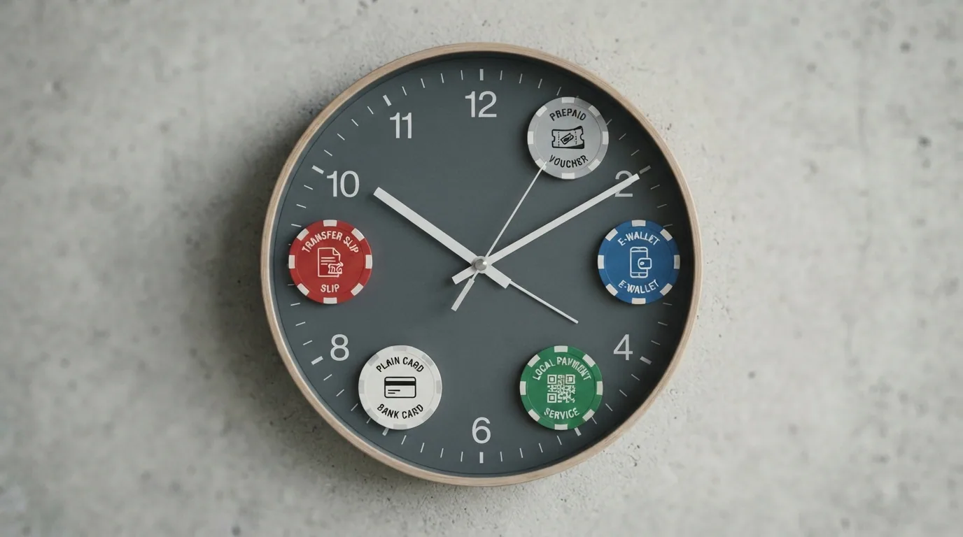 Iconos de métodos de pago (PayPal, Skrill, Bizum, tarjeta bancaria y transferencia) sobre un reloj