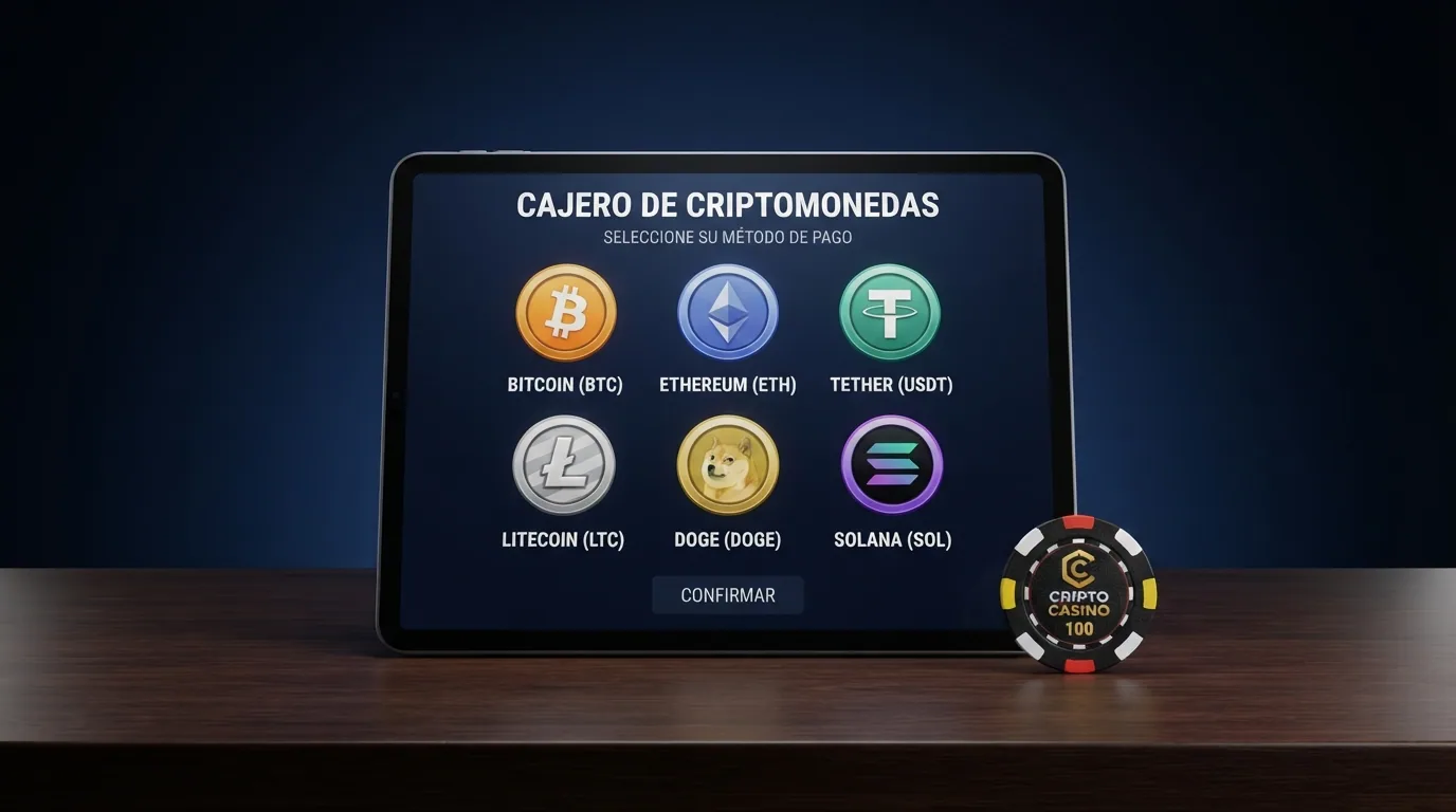 Caja de un casino crypto mostrando las criptomonedas aceptadas: BTC, ETH, USDT, LTC, DOGE y otras