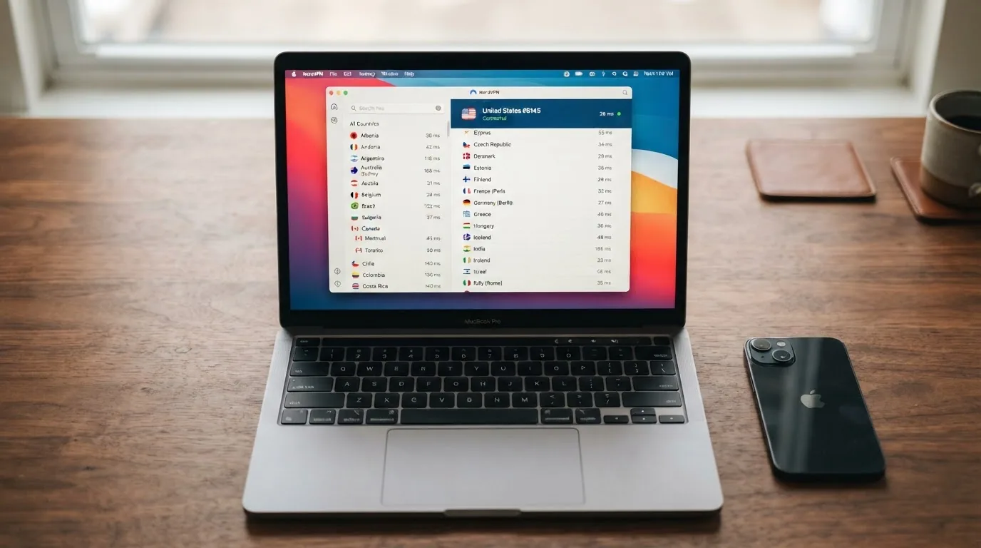 Pantalla de la aplicación de escritorio de NordVPN mostrando la lista de servidores disponibles ordenados por país y la latencia de cada uno