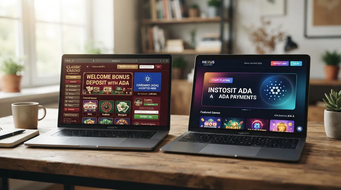 Comparativa visual de la interfaz de un casino crypto veterano junto a la de un casino de reciente creación, ambos con depósito en Cardano