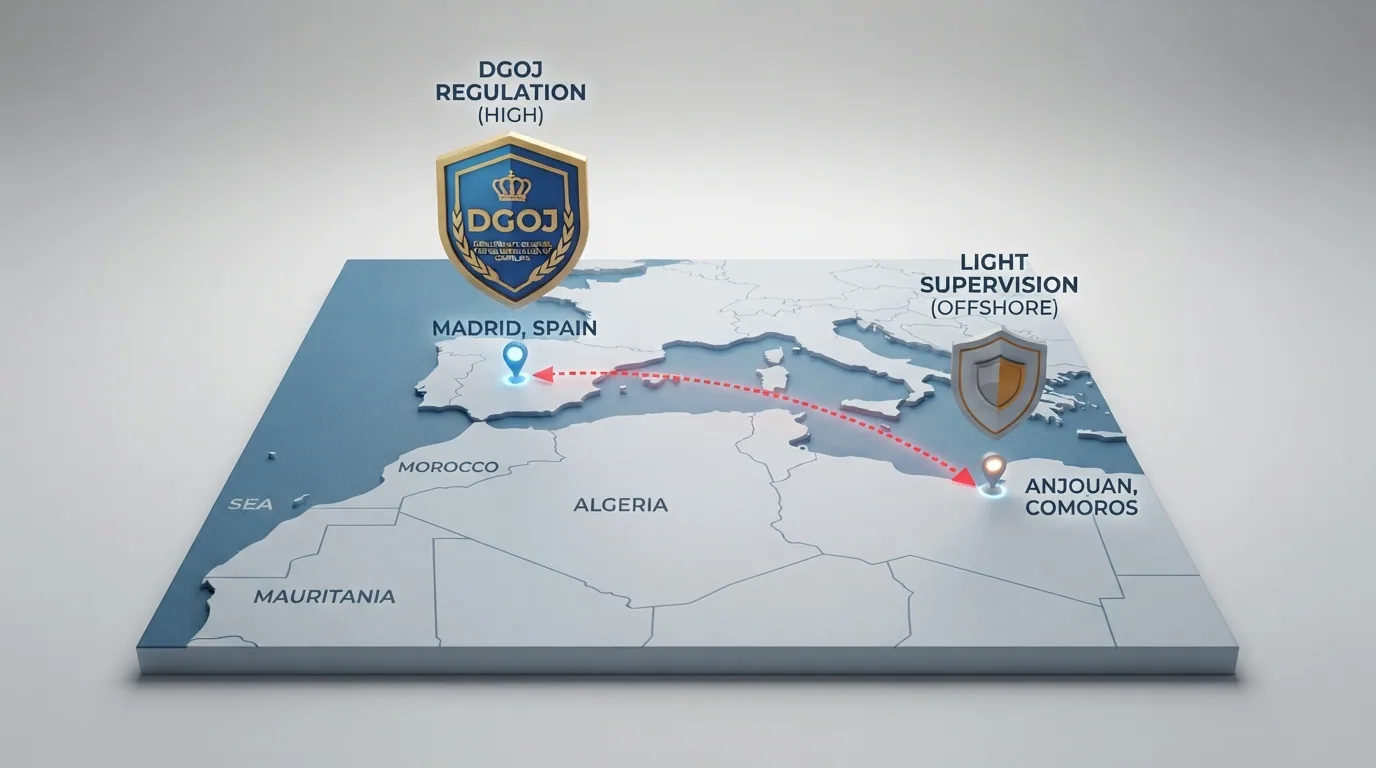 Un mapa esquemático con Madrid y Anjouan señalados, conectados por una línea punteada que cruza el mar; sobre cada punto, iconos de distinto tamaño representando el nivel de supervisión.