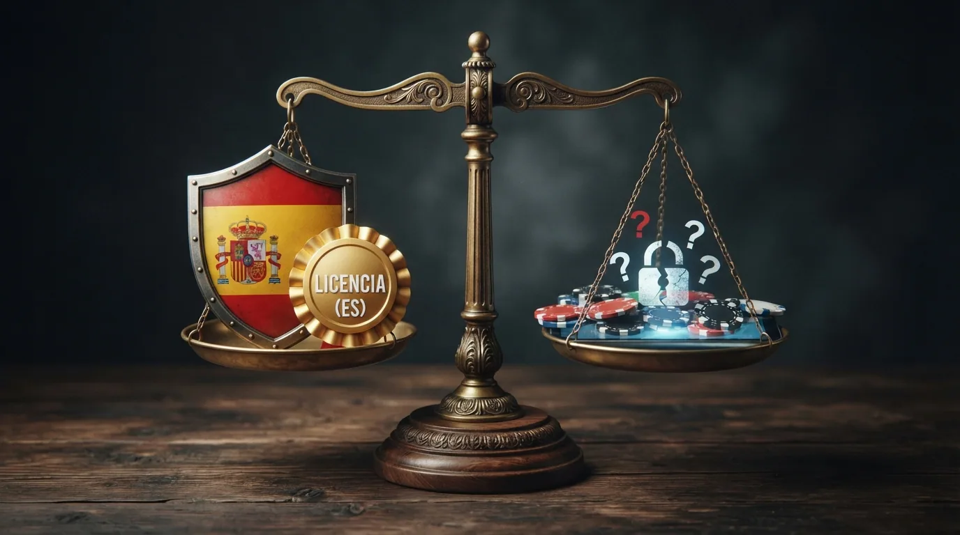 Balanza de dos platos: en el plato izquierdo, un escudo con la bandera de España y el sello de la DGOJ; en el derecho, fichas de casino sobre una pantalla con un candado roto y signos de interrogación