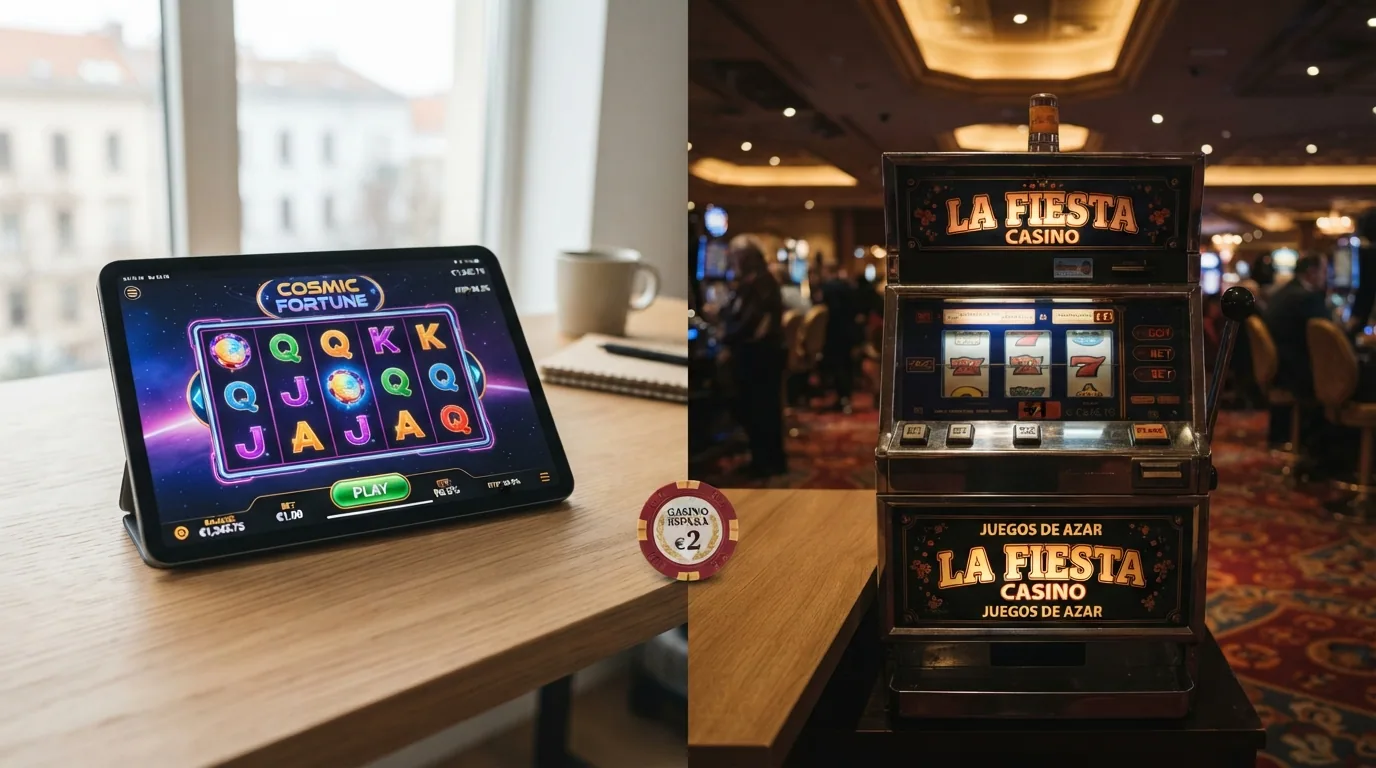 Comparativa visual entre el entorno de un casino físico español y la interfaz de un casino online regulado con datos de RTP en pantalla