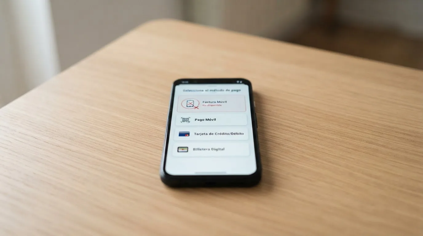 Un teléfono móvil mostrando una pantalla de métodos de pago con el icono de factura telefónica tachado y los iconos de Bizum, tarjeta y Apple Pay activos