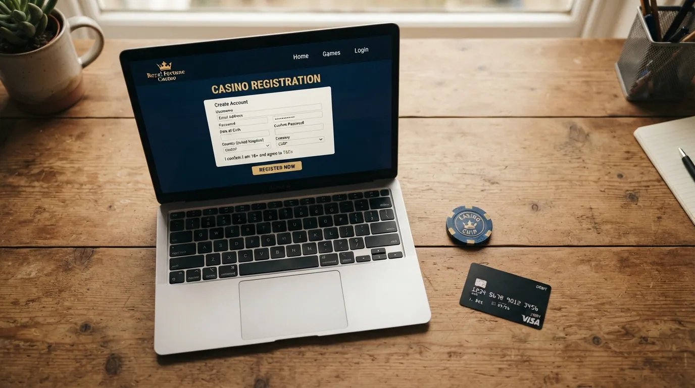 Un portátil mostrando el formulario de registro de un casino online junto a una tarjeta Visa y un documento de identidad