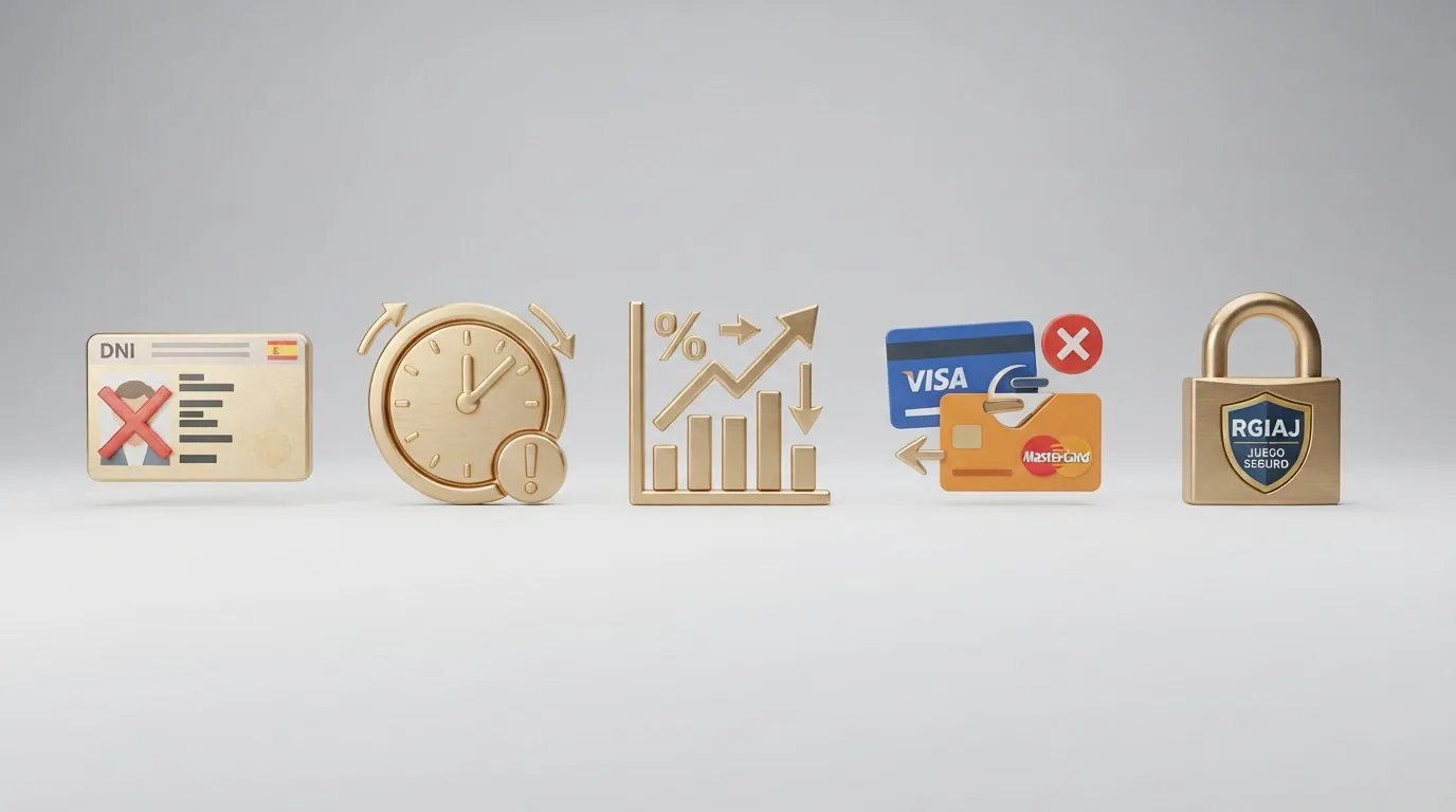 Lista ilustrada con cinco iconos: un documento de identidad tachado, un reloj, un gráfico de rollover, dos tarjetas con sentidos opuestos y un candado RGIAJ
