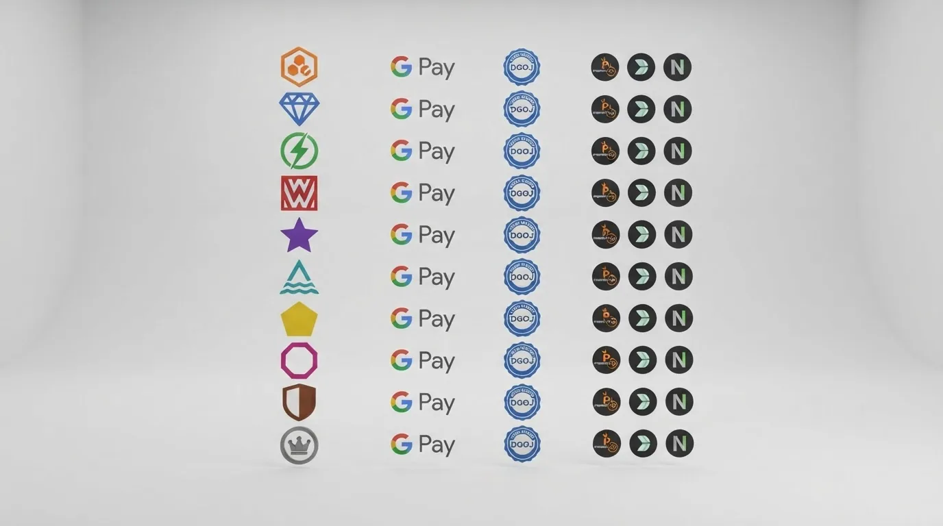 Una tabla comparativa con los logotipos de los diez operadores del ranking ordenados junto a los iconos de Google Pay, licencia DGOJ y proveedores de juego