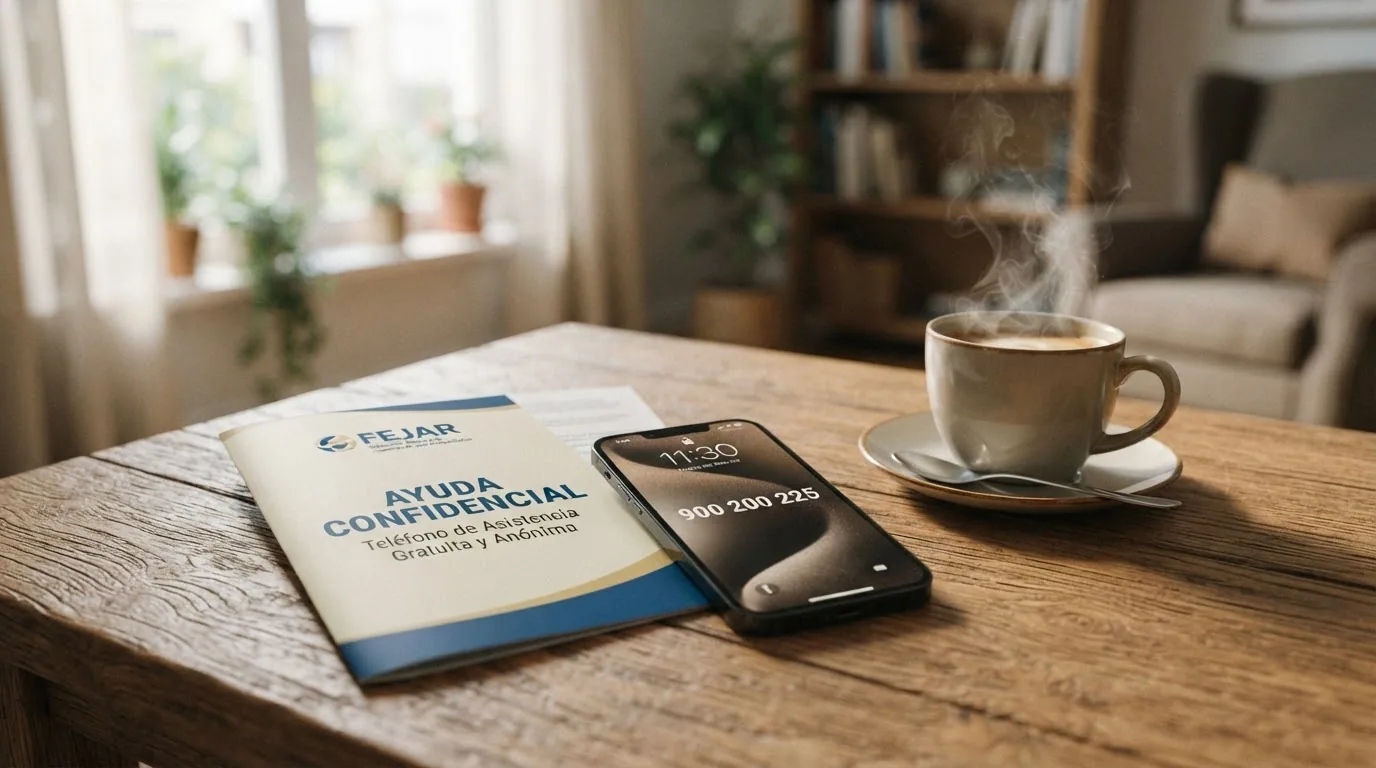 Un teléfono con el número 900 200 225 en la pantalla, apoyado sobre un folleto de la FEJAR junto a una taza de café, en un ambiente tranquilo.