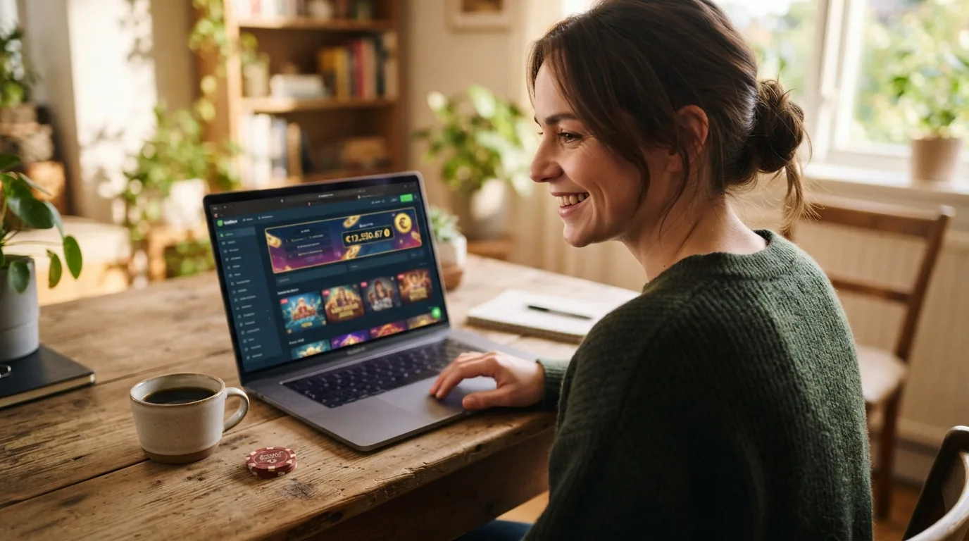 Un jugador sonriendo frente a su portátil en un entorno doméstico tranquilo, con una taza de café y luz natural