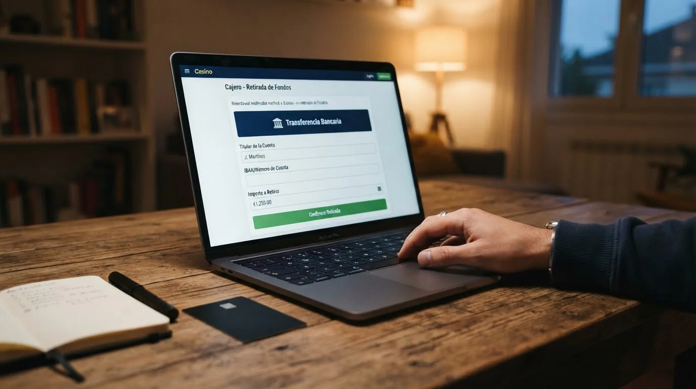 Interfaz de retirada de un casino online español con las opciones de transferencia bancaria como método de cobro, sin Neosurf entre las alternativas