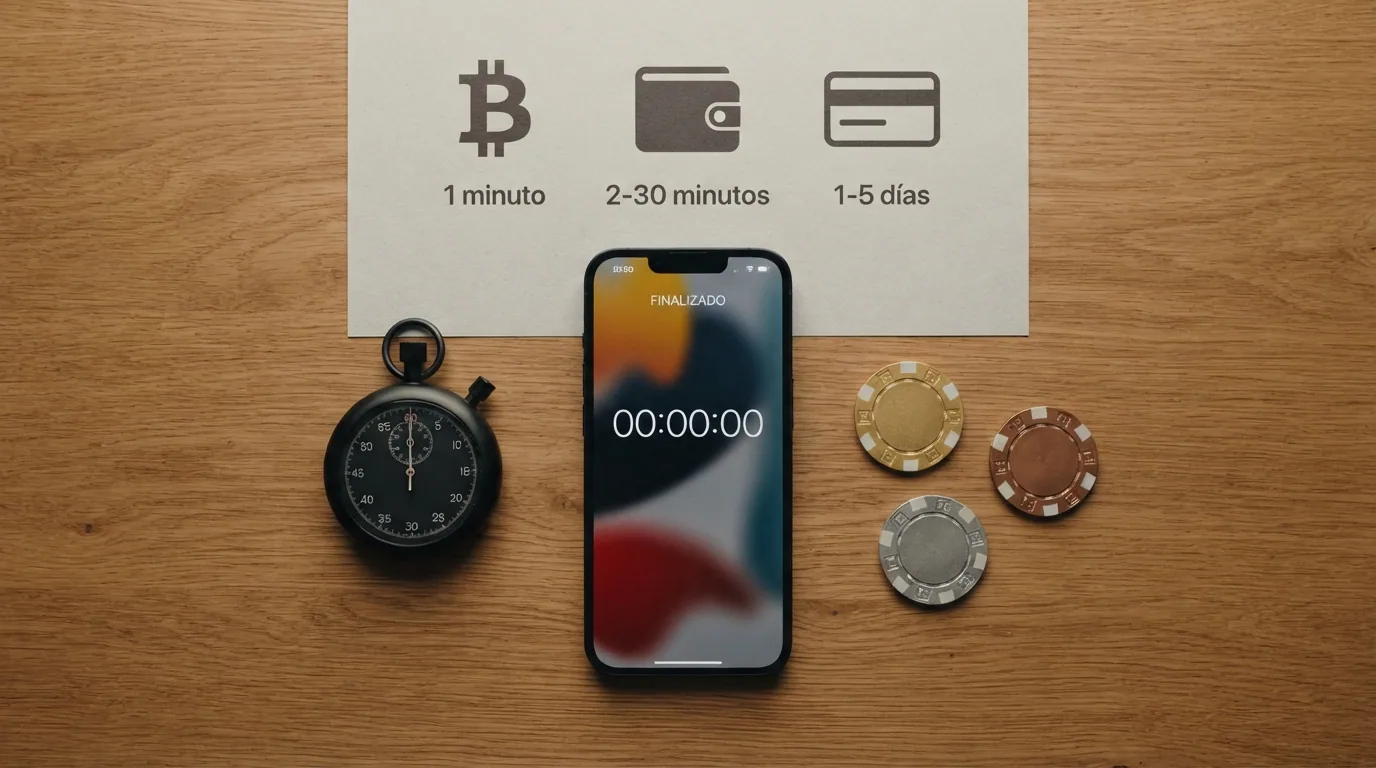 Un cronómetro junto a tres iconos de métodos de pago (Bitcoin, monedero electrónico, tarjeta bancaria) con sus tiempos de retiro estimados debajo