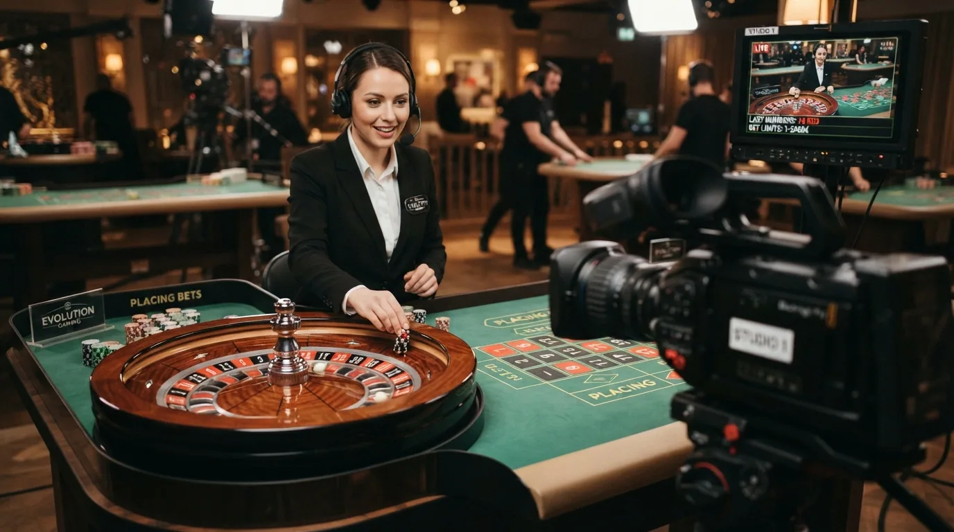 Mesa de ruleta en vivo con crupier real en un entorno de casino online español, con la interfaz de apuestas visible
