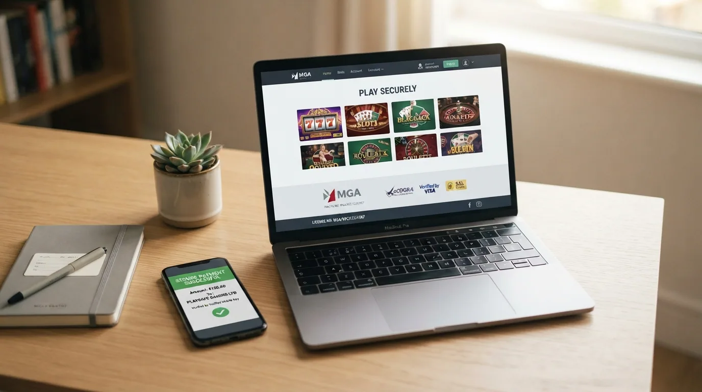 El logotipo de la DGOJ junto al dominio .es de un casino online y un candado de seguridad en la barra del navegador