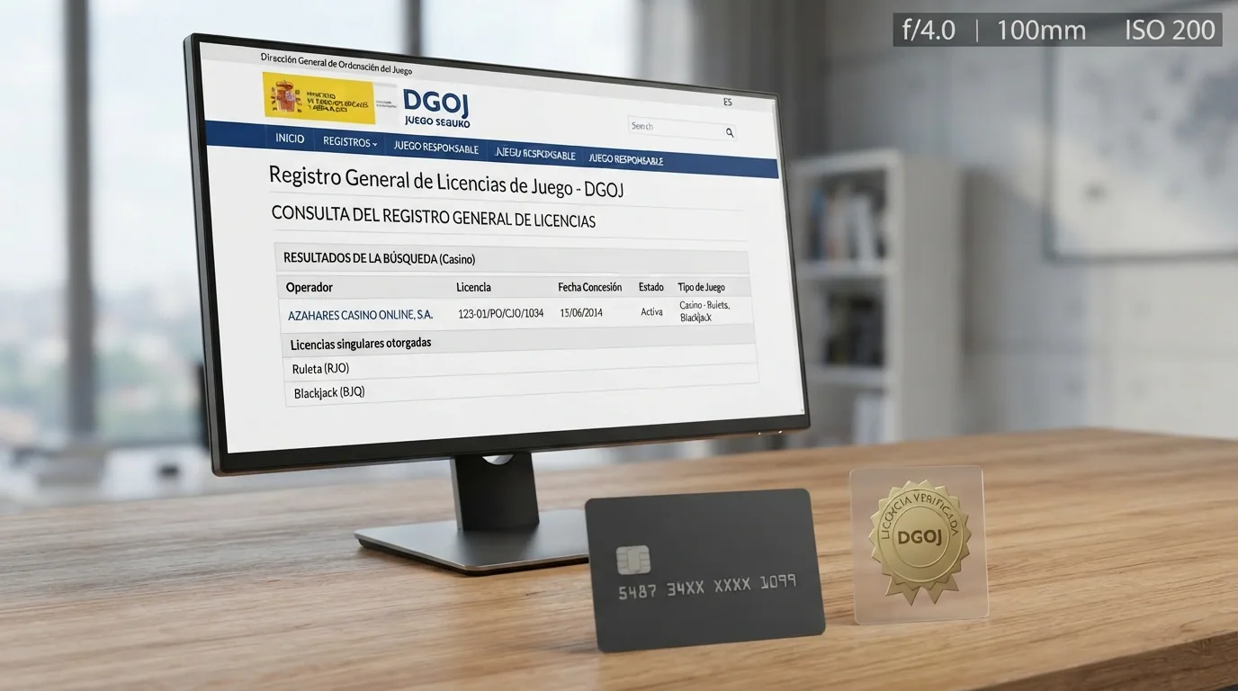 Pantalla del registro de operadores de la DGOJ en ordenacionjuego.es junto a una tarjeta Mastercard y el dominio .es resaltado en la barra de direcciones