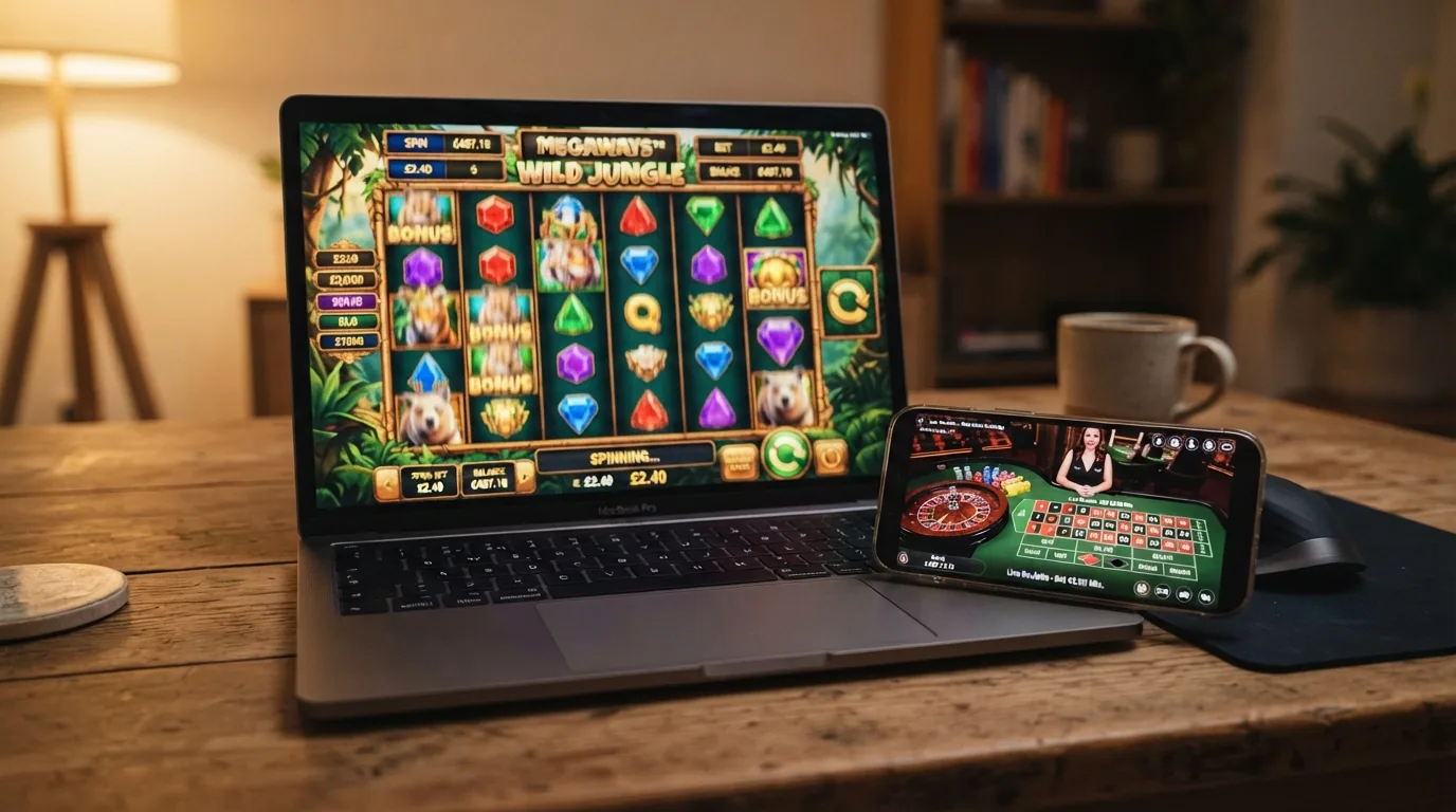 Captura de una tragaperras digital en la pantalla de un ordenador portátil junto a un móvil con una mesa de ruleta en vivo