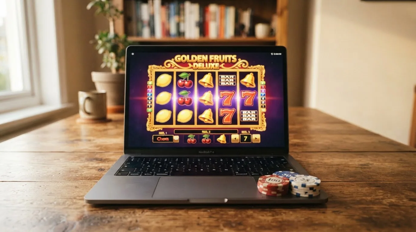 Una pantalla de ordenador mostrando varios carretes de slots coloridos con fichas de 20 € apiladas junto al teclado