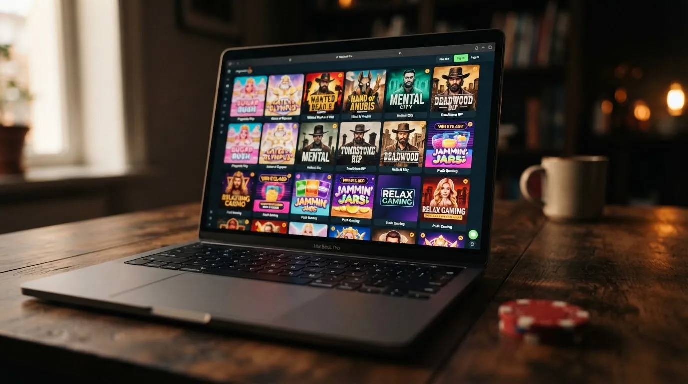 Parrilla de slots de un casino USDT con títulos de Pragmatic Play, Hacksaw y Nolimit City, ordenados por categoría