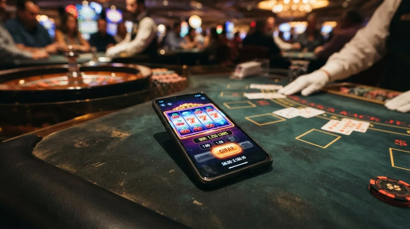 Collage de tragamonedas populares, una ruleta en vivo y una mesa de blackjack con crupier real