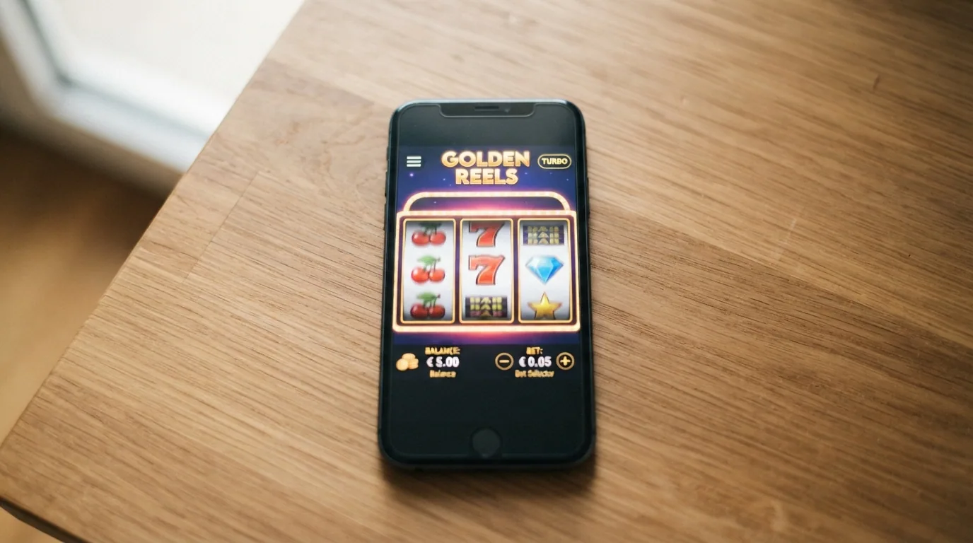 Un móvil con la pantalla de juego de una slot online española mostrando el selector de apuesta en su valor mínimo (0,01 € por línea) junto al saldo de 5 €
