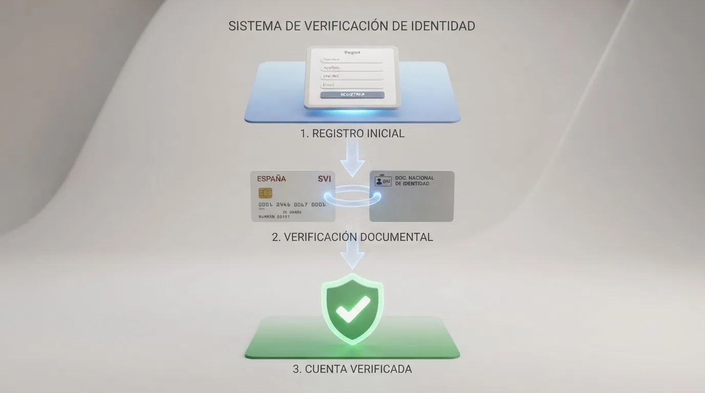 Diagrama del flujo de verificación de identidad del SVI: registro, depósito limitado a 150 €, verificación documental, acceso completo.