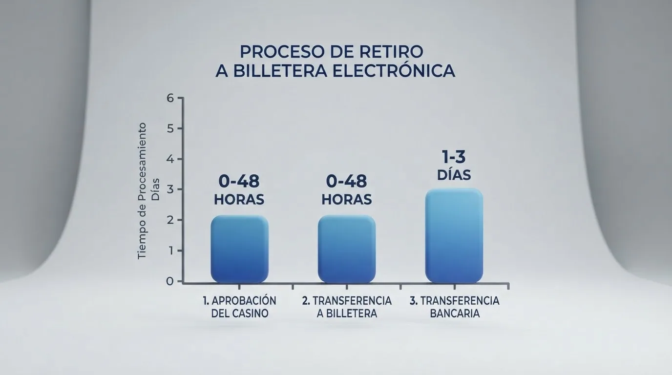 Gráfico de barras con los tres tramos de una retirada con MiFinity: aprobación del casino, llegada al monedero y transferencia al banco, cada uno con su plazo