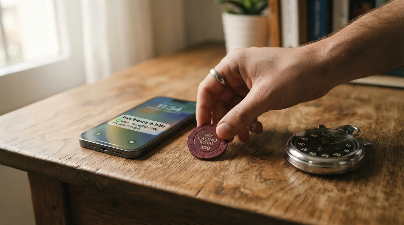 Un cronómetro sobre la silueta de un teléfono móvil que muestra una notificación de transferencia recibida