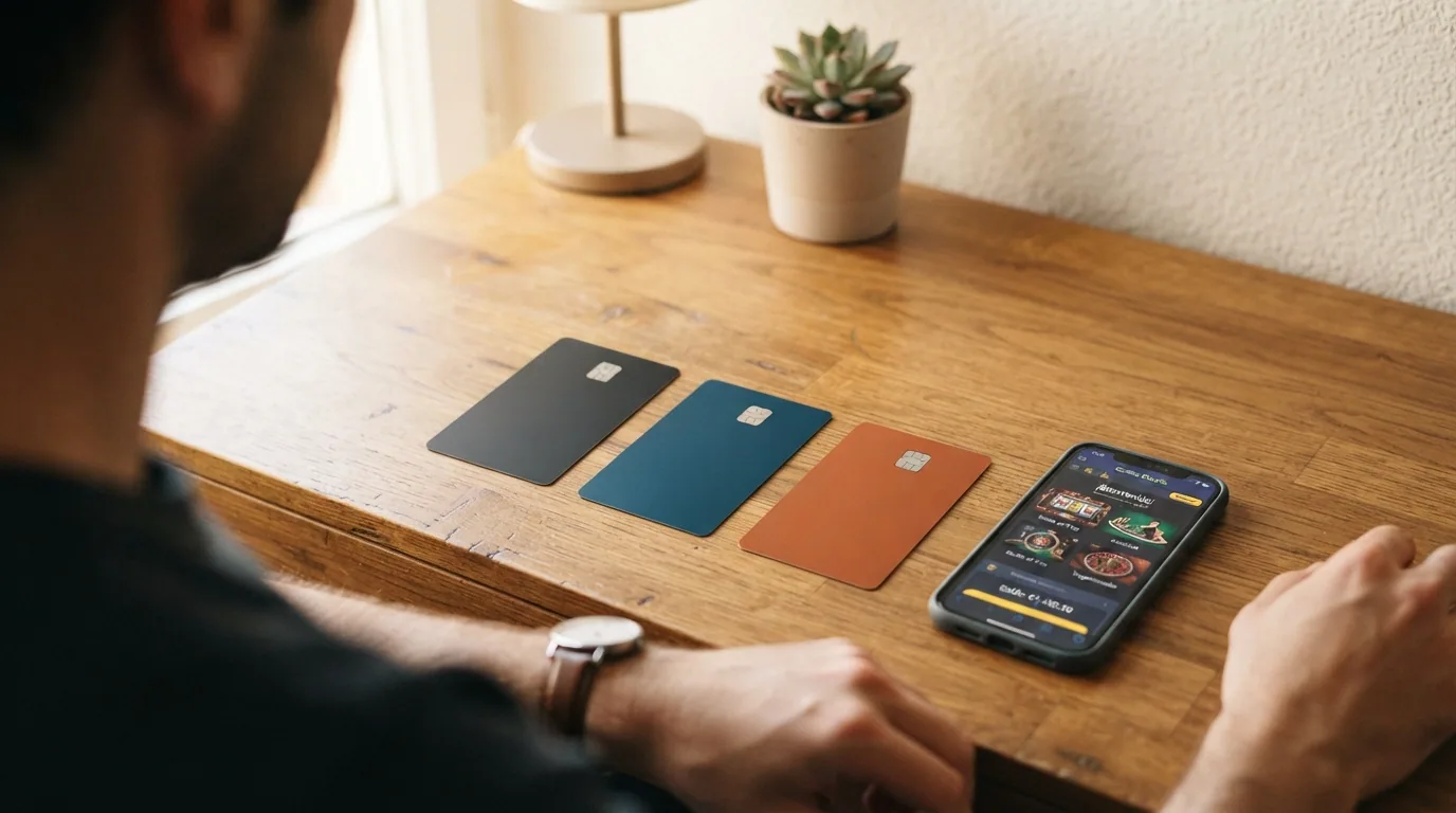 Tres tarjetas bancarias alineadas sobre una mesa —crédito, débito y prepago— junto a un teléfono con la interfaz de un casino online