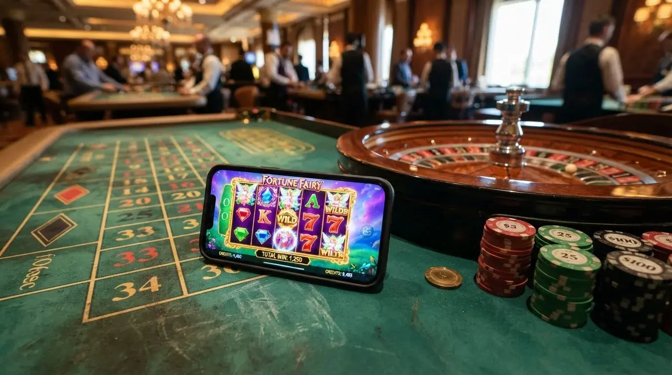 Una cuadrícula con carátulas de slots populares — Starburst, Big Bass Bonanza — y el fondo de una mesa de ruleta en vivo con un crupier real