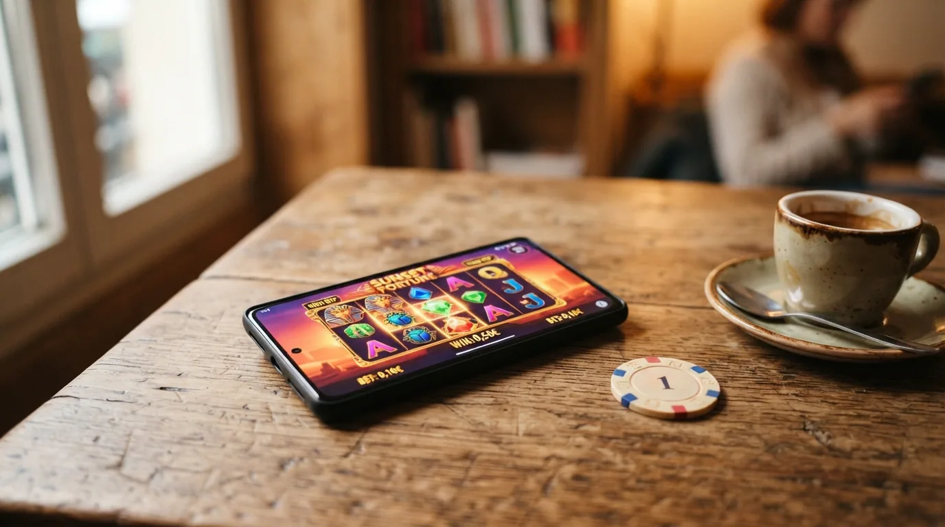 Pantalla de juego de una tragaperras online con la interfaz de apuesta mínima visible