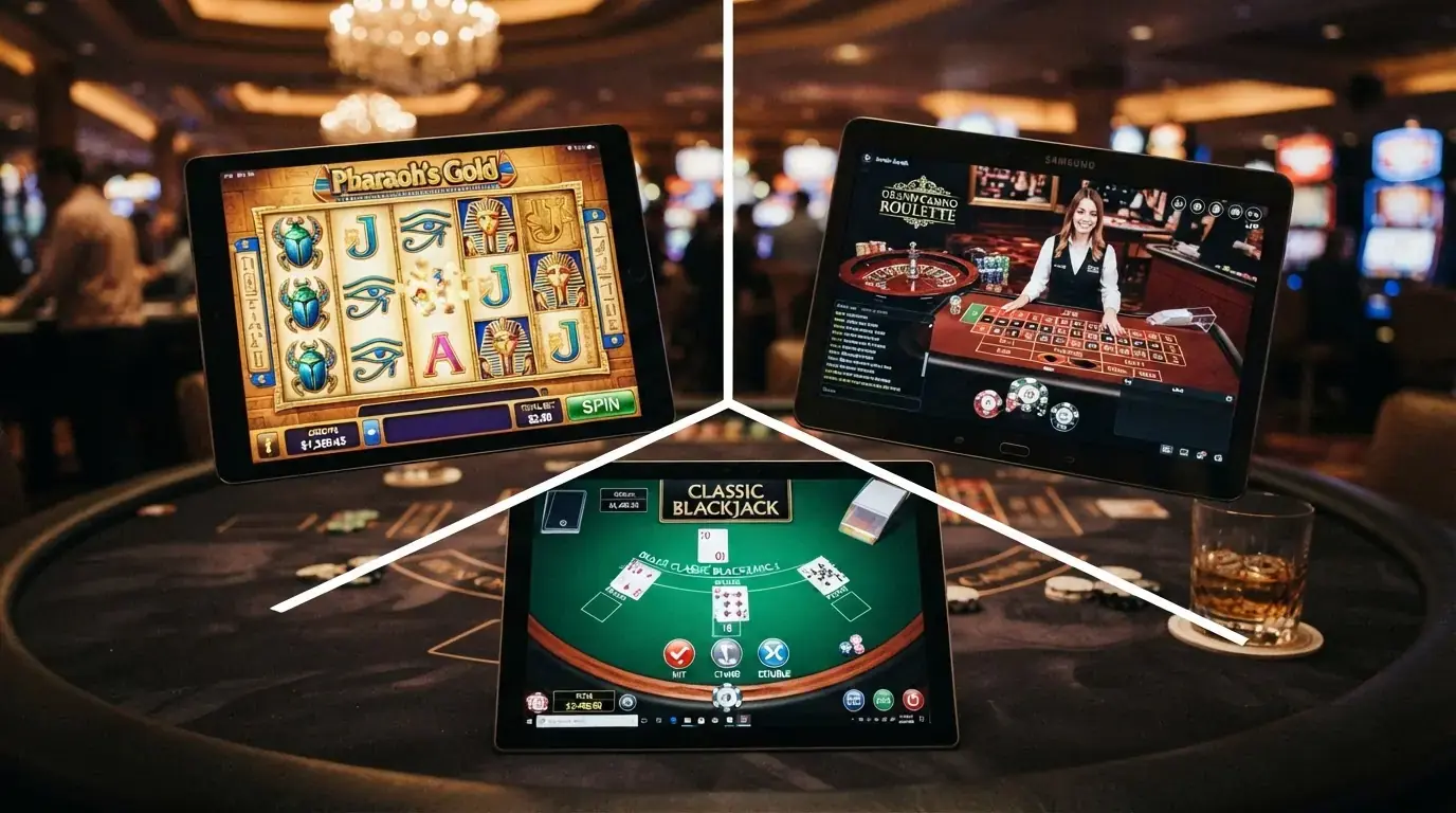 Collage de tres pantallas de casino online: una tragaperras de temática egipcia, una mesa de ruleta en vivo y un lobby de blackjack