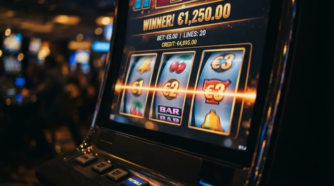 Una captura de pantalla del carrete de una tragaperras online colorida con el contador de saldo en euros visible, como las disponibles en los casinos analizados