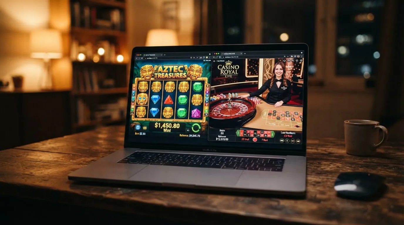 Captura de pantalla de una tragaperras online en funcionamiento y una mesa de ruleta en vivo con crupier real en un casino que acepta depósitos con Cardano