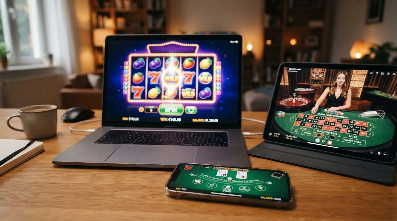 Una composición con tres pantallas: una tragaperras online, una mesa de ruleta en vivo con crupier y una mesa de blackjack digital