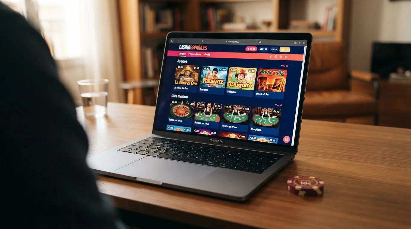 Vista del lobby de un casino online español con tragaperras, ruleta y mesas de vivo disponibles para jugar con dinero real