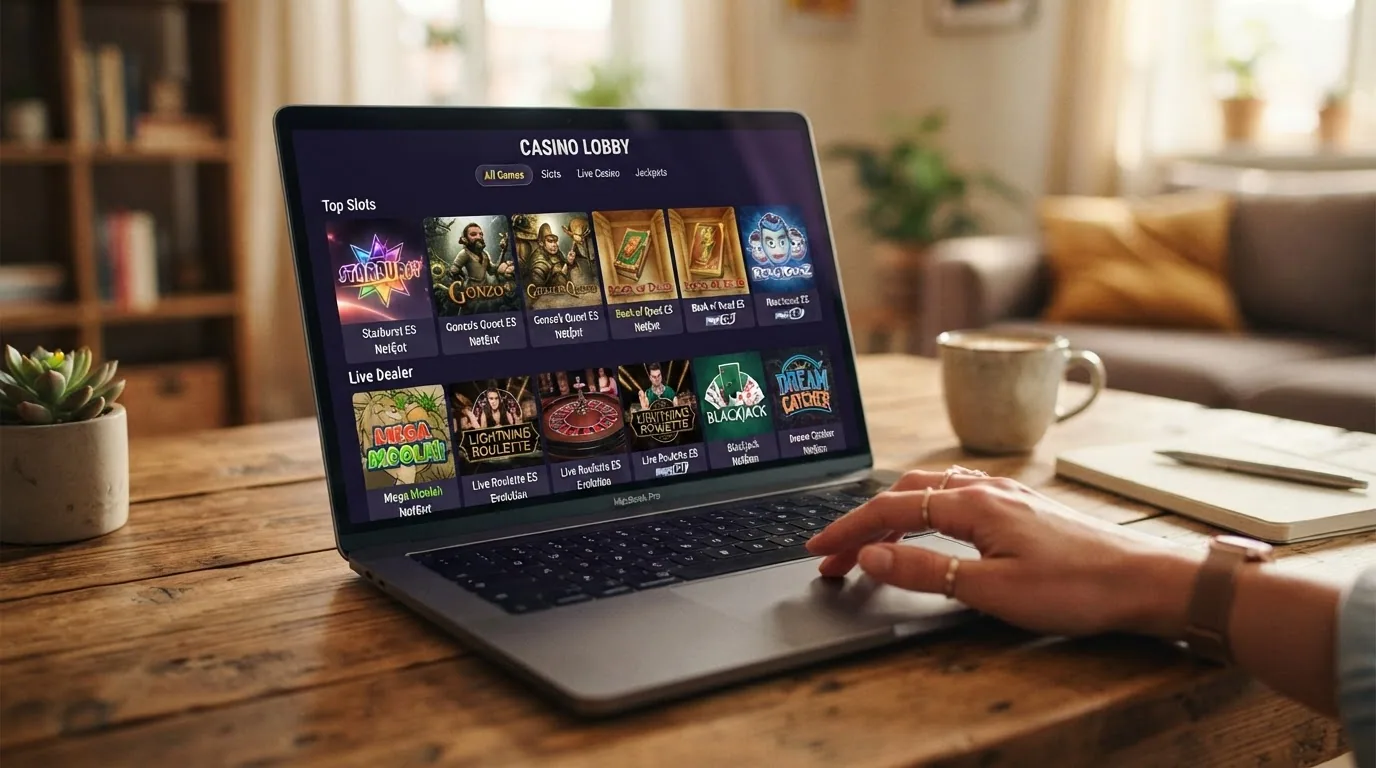 Vista de un lobby de tragaperras de un casino online español con Trustly, con los logos de NetEnt y Evolution visibles en los filtros de proveedor