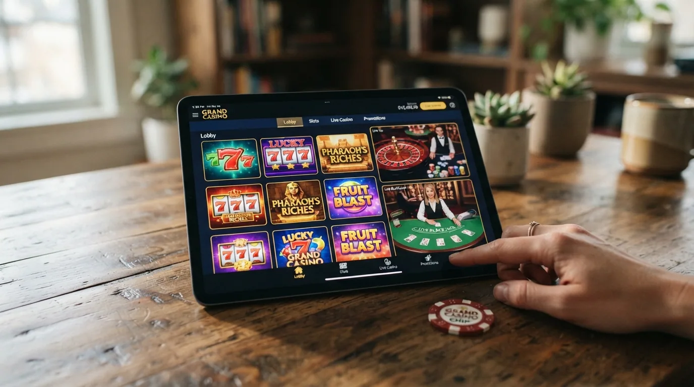 Vestíbulo de juegos de un casino online con Solana mostrando tragamonedas, ruleta y mesas de casino en vivo