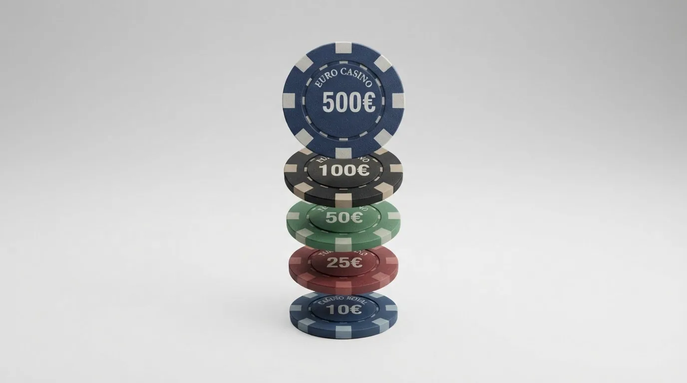 Cinco monedas de euro apiladas en escalera creciente — 1 €, 2 €, 5 €, 10 € y 20 € — sobre el fondo difuminado de una interfaz de casino