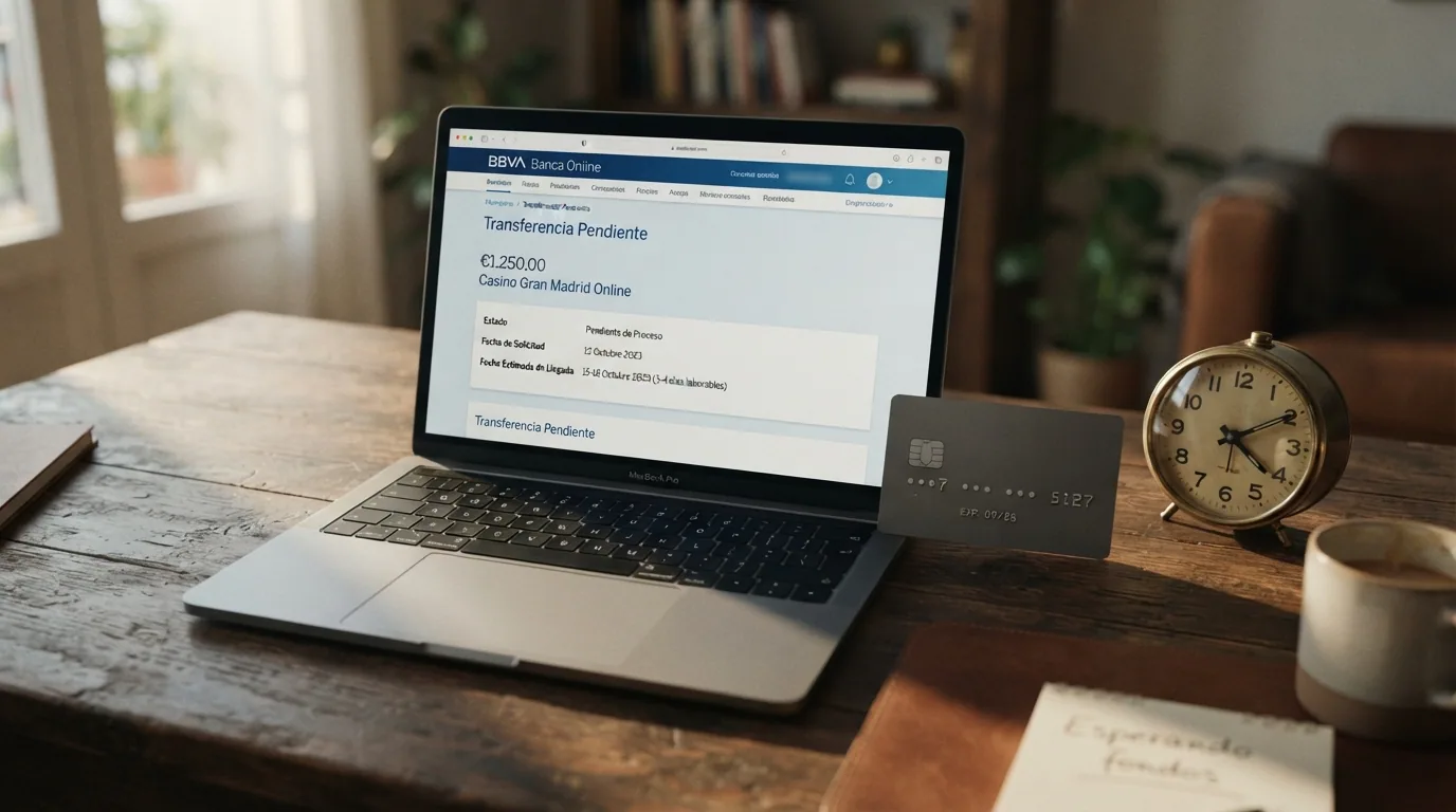 Un ordenador portátil mostrando una pantalla de banca online con una transferencia pendiente, junto a una tarjeta Visa y un reloj marcando varios días