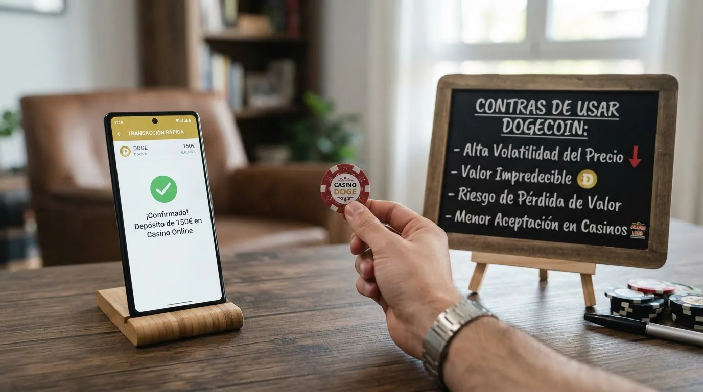 Infografía con dos columnas contrapuestas: las ventajas y los inconvenientes de jugar con Dogecoin frente al euro