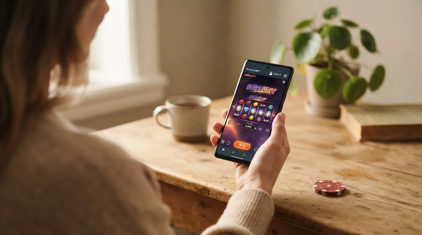 Jugador consultando un casino online desde un móvil con un saldo visible de 5 euros