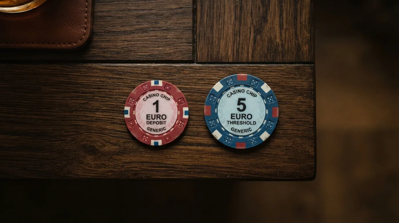 Ficha de casino apoyada sobre una mesa con un billete de 5 euros y una moneda de 1 euro al lado, en un encuadre cenital