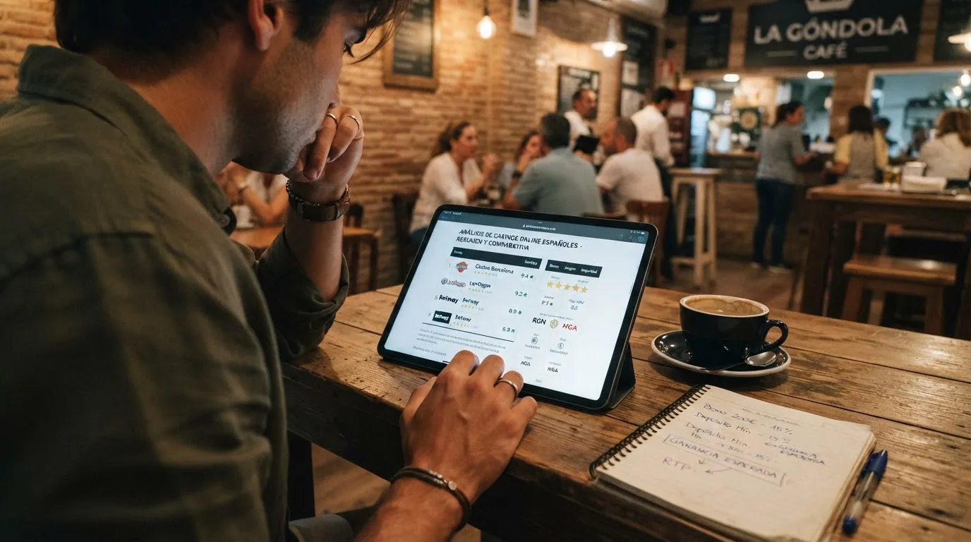 Jugador español sentado ante una tablet que muestra una comparativa de casinos con Bizum, con un café al lado y gesto reflexivo