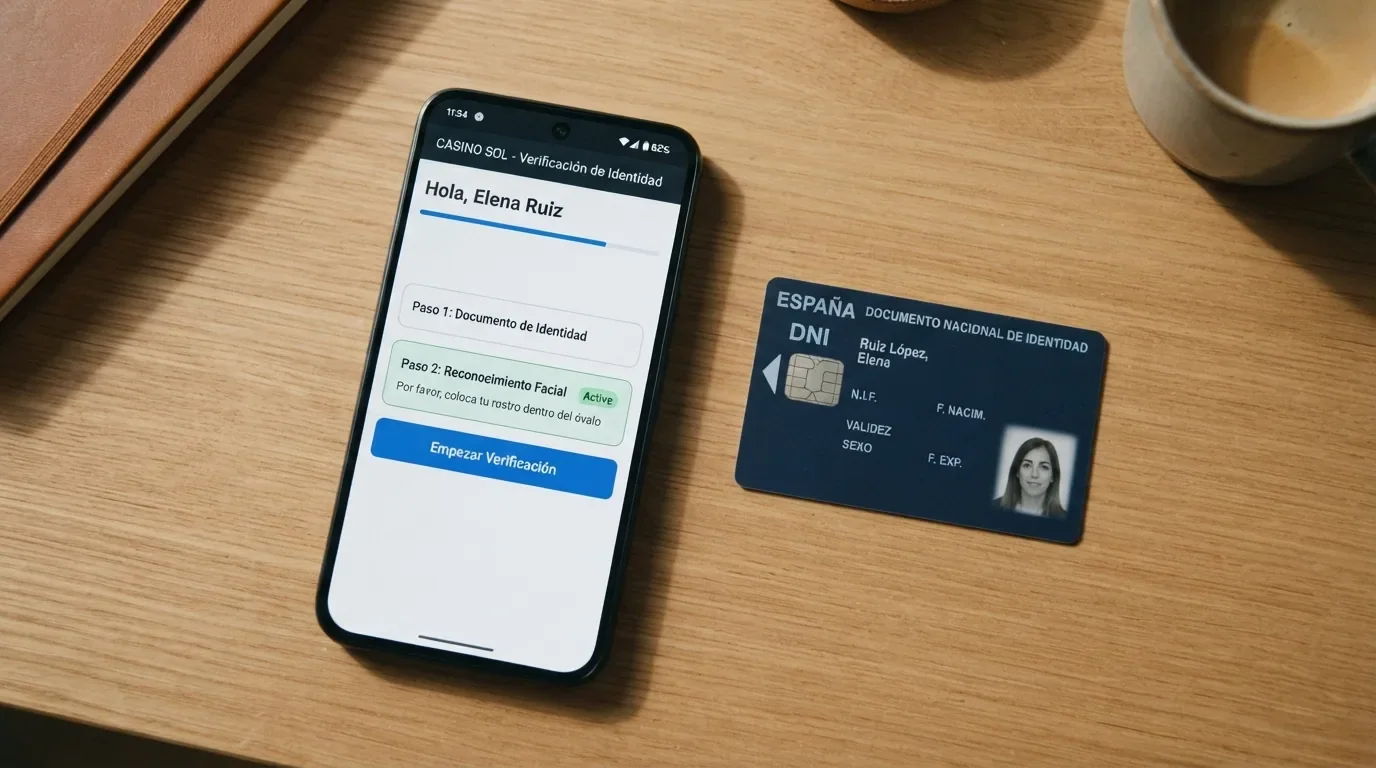 Pantalla de un teléfono mostrando el proceso de verificación de identidad con un documento de identidad junto al dispositivo