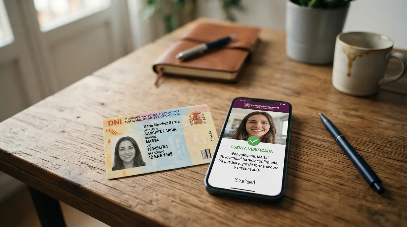 Un DNI español junto a un selfie de verificación en la pantalla de un móvil, con el texto «cuenta verificada» en verde