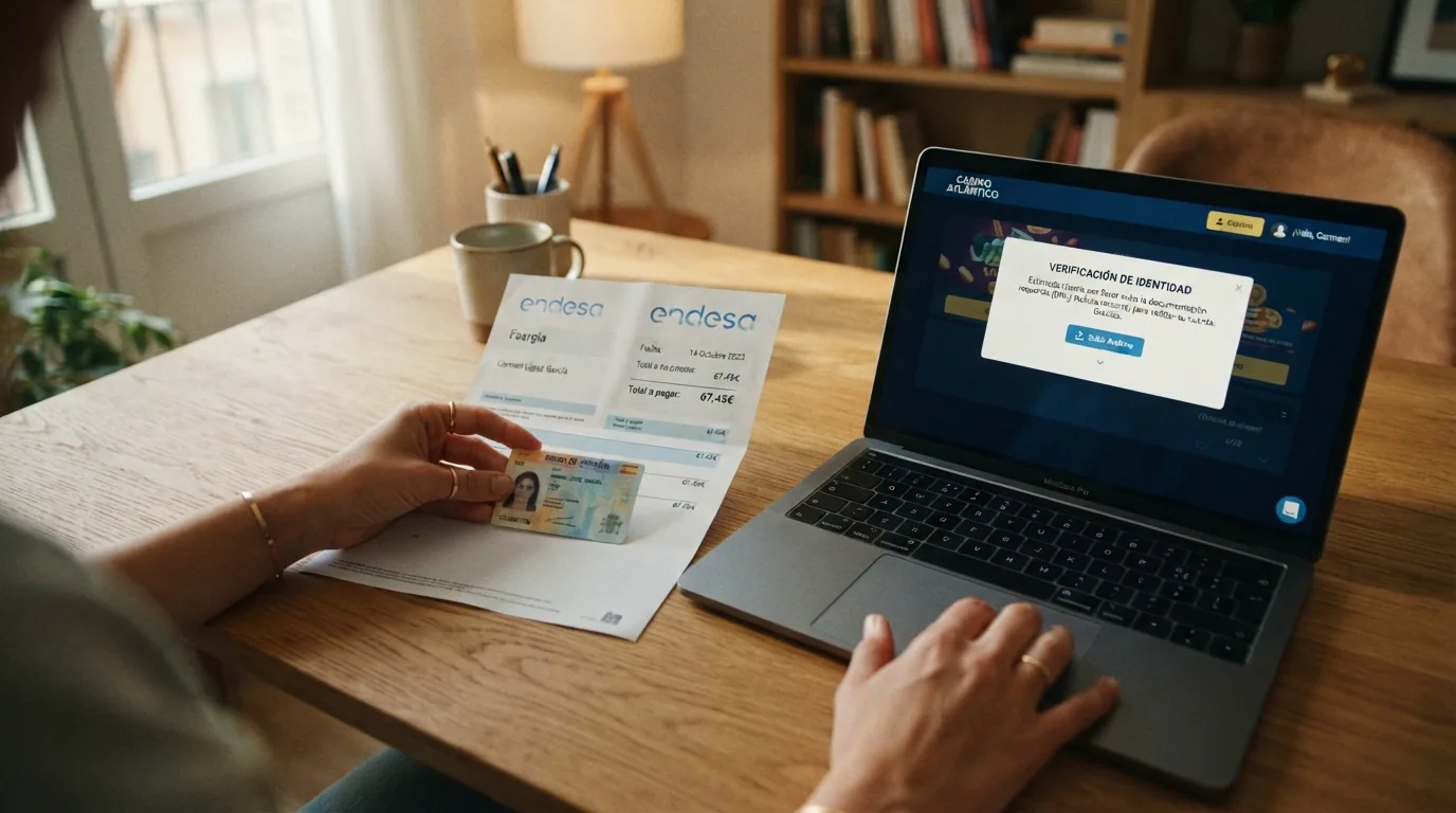 Un DNI español junto a una factura de servicios sobre una mesa con un portátil mostrando la web de un casino