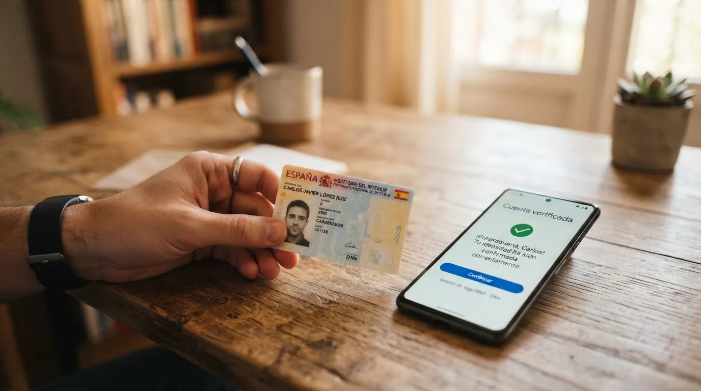 Un documento de identidad español junto a la pantalla de un casino online con el mensaje de cuenta verificada