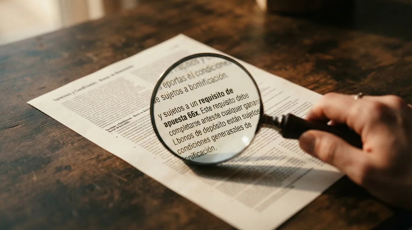 Un primer plano de la letra pequeña de unos términos de bono con una lupa sobre la cifra del requisito de apuesta
